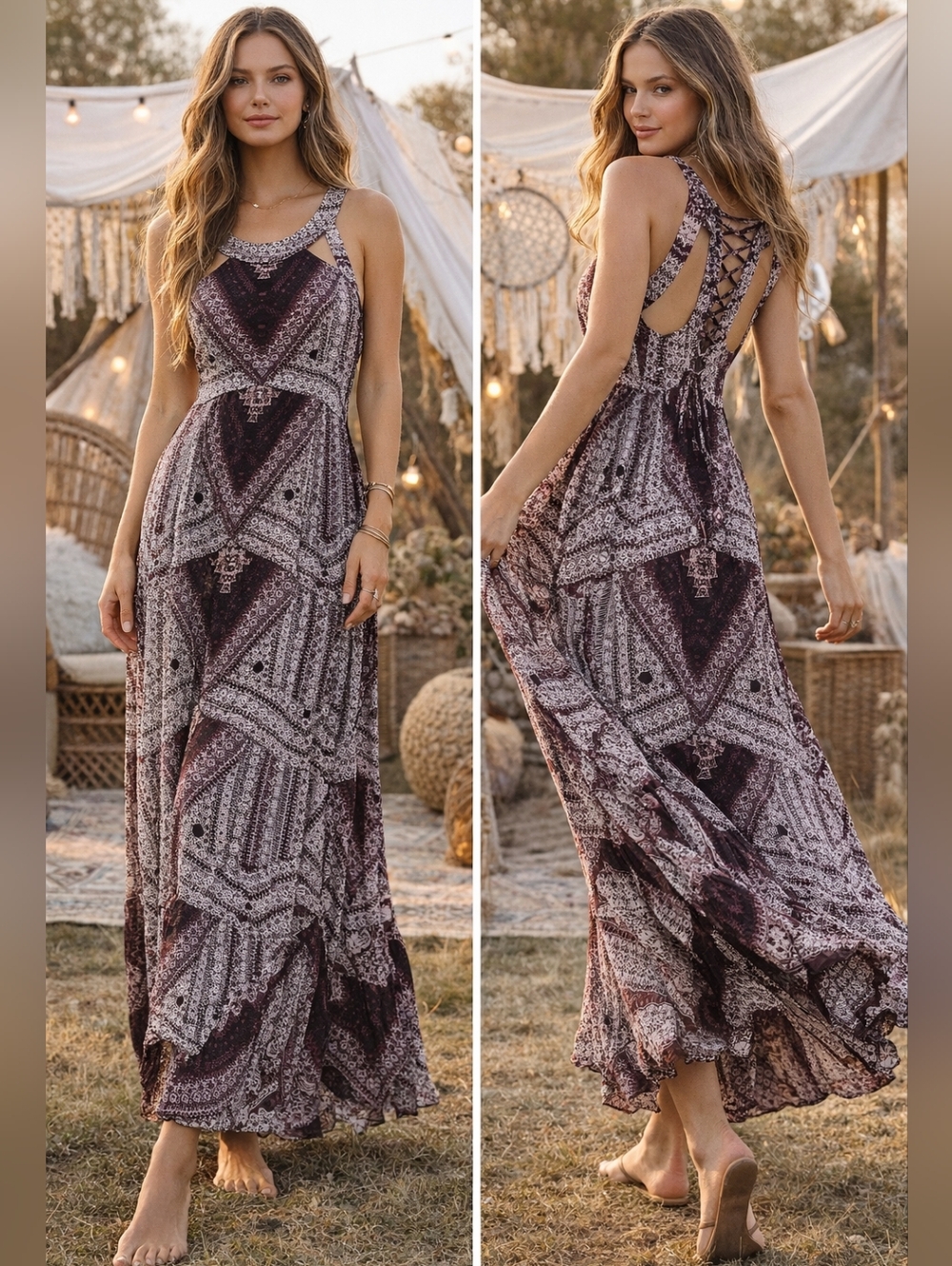 Free People Boho Maxi Dress Lace Up Back Burgundy You Made My Day Print Flowy